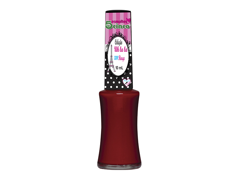 Esmalte, cor rouge, da 5Cinco. Com cobertura brilhante e integrante da cole&ccedil;&atilde;o &lsquo;Uh, La La&rsquo;, o esmalte vermelho escuro &eacute; cremoso e vem com pincel flat, que facilita a aplica&ccedil;&atilde;o do produto. Pre&ccedil;o: 2,50 reais