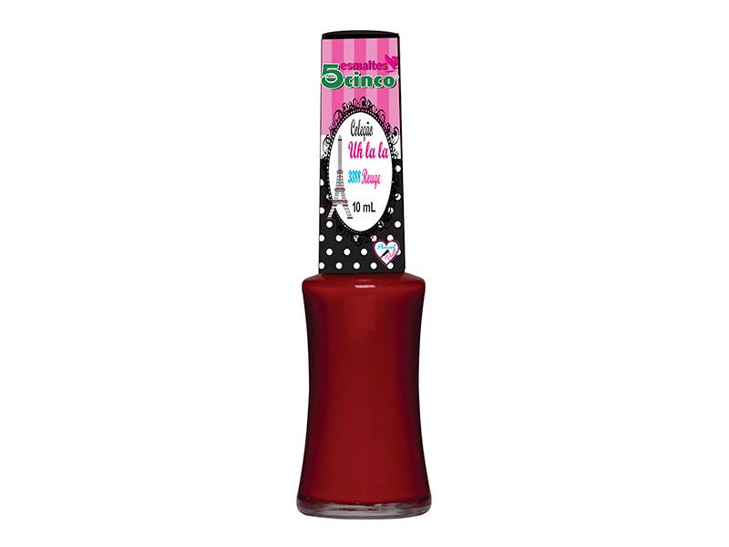 Esmalte, cor rouge, da 5Cinco. Com cobertura brilhante e integrante da cole&ccedil;&atilde;o &lsquo;Uh, La La&rsquo;, o esmalte vermelho escuro &eacute; cremoso e vem com pincel flat, que facilita a aplica&ccedil;&atilde;o do produto. Pre&ccedil;o: 2,50 reais