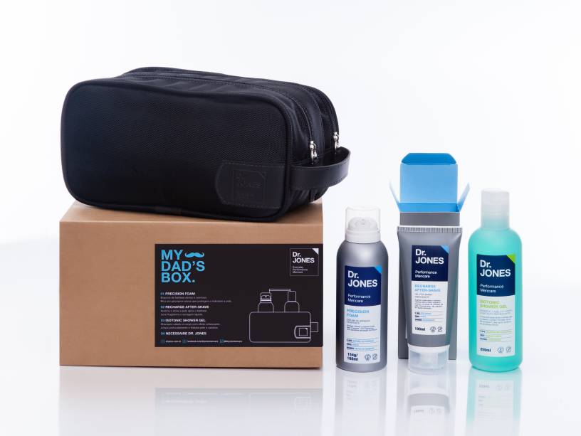 Nécessaire com espuma de barbear, gel pós-barba e xampu com efeito refrescante: R$ 149,00. Dr. Jones para Mens Market