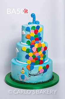 Bolo feito para anivers&aacute;rio de um ano abusou dos bal&otilde;es