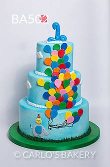 Bolo feito para anivers&aacute;rio de um ano abusou dos bal&otilde;es