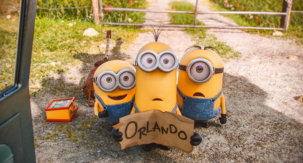 Os tr&ecirc;s protagonistas do filme Minions: &agrave; procura de uma vil&atilde; na Fl&oacute;rida