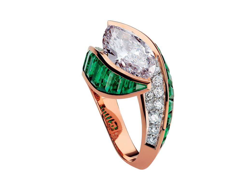 Anel de ouro branco e rosa, esmeralda se diamante Anel de ouro branco e rosa, esmeralda se diamante