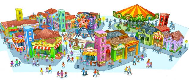 Projeção da Vila da Mônica: espaço com as casas dos personagens Cebolinha, Magali e Cascão Projeção da Vila da Mônica: espaço com as casas dos personagens Cebolinha, Magali e Cascão