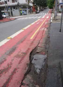 Trecho da ciclofaixa da Rua Artur de Azevedo em condi&ccedil;&otilde;es prec&aacute;rias
