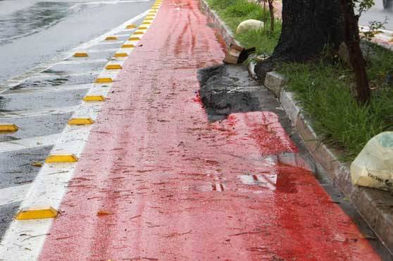 Ciclofaixa na Avenida Ant&ocirc;nio Estev&atilde;o de Carvalho com superf&iacute;cie irregular e obstru&iacute;da pela raiz de &aacute;rvore