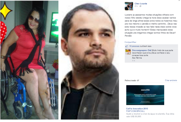 Cleo Loyola pede desculpas para o ex-marido, o cantor sertanejo Luciano, em seu perfil pessoal Cleo Loyola pede desculpas para o ex-marido, o cantor sertanejo Luciano, em seu perfil pessoal