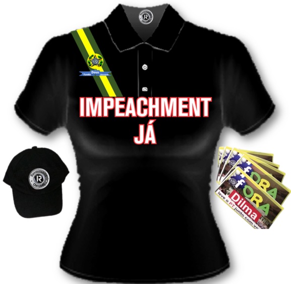 Kit impeachment, com uma camiseta polo, um boné e cinco adesivos por 175 reais Kit impeachment, com uma camiseta polo, um boné e cinco adesivos por 175 reais