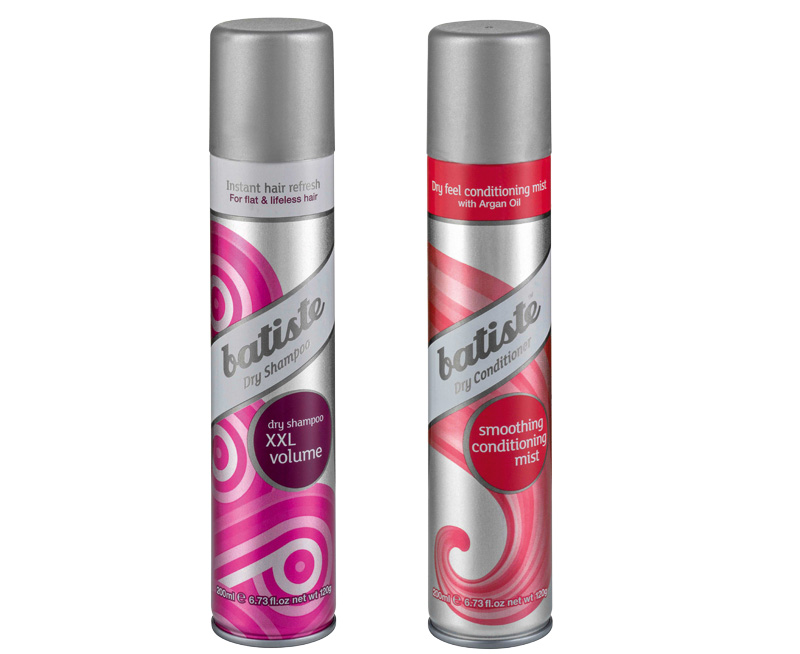 	Xampu e condicionador a seco, da Batiste. O xampu remove o excesso de oleosidade da raiz dos cabelos e modela sem a necessidade de escova. O condicionador adiciona brilho ao penteado. Pre&ccedil;o sugerido: 35 reais cada unidade