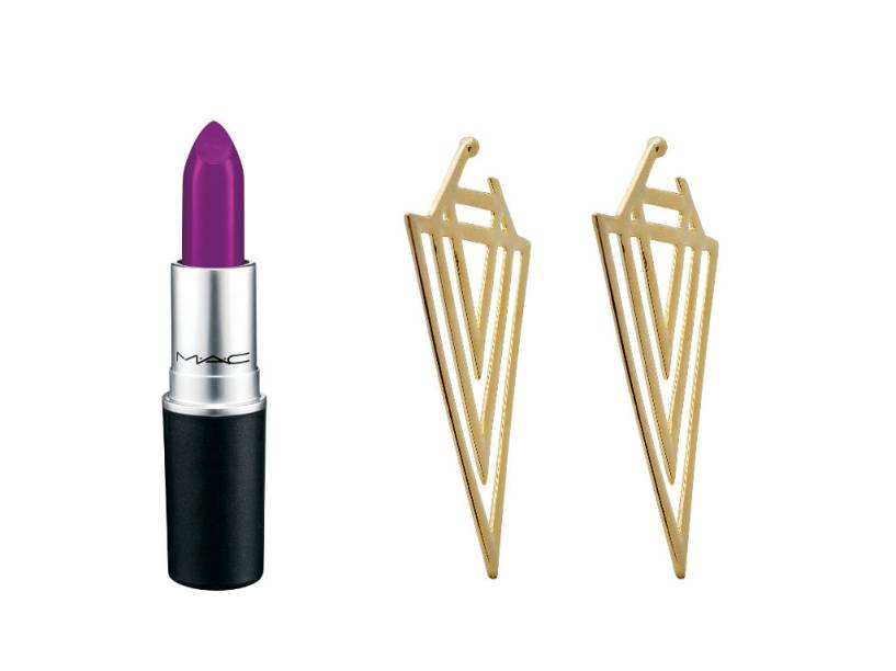 	Moderno. A cor inusitada refor&ccedil;a o desenho gr&aacute;fico do par. Batom Heroine, Mac. R$ 66,00. Shopping Iguatemi, ☎ 3815-5011, www.maccosmetics.com.br. Brincos de metal, Balon&egrave;. R$ 39,00. ☎ 4208-6200, www.baloneacessorios.com.br.