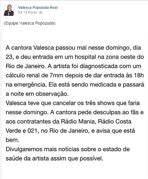 Valesca Popozuda é internada com cálculo renal