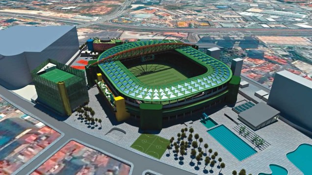 Projeção artística do estádio: 250 camarotes, restaurante e arquibancada coberta Projeção artística do estádio: 250 camarotes, restaurante e arquibancada coberta
