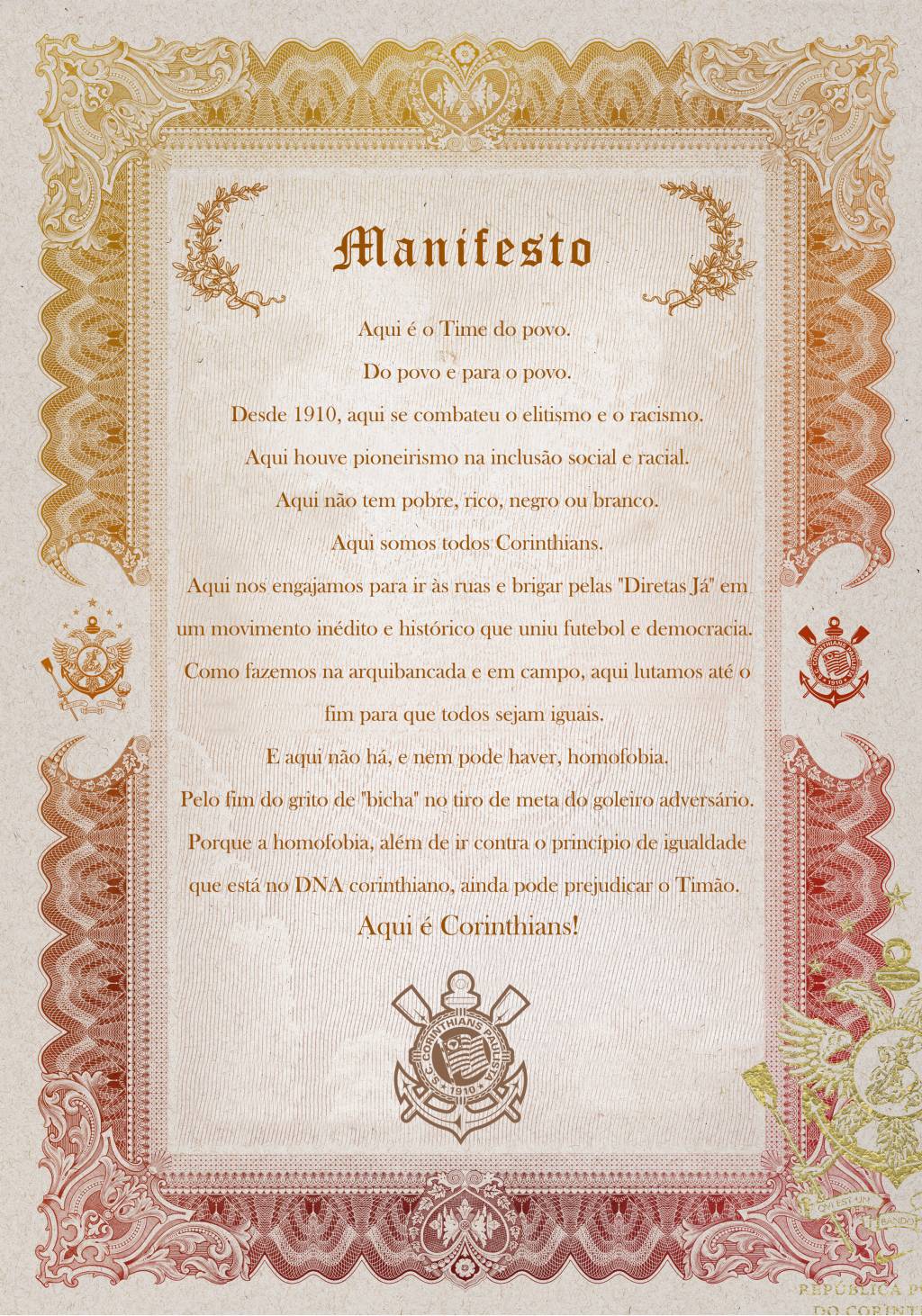 Corinthians divulga manifesto contra o grito de “bicha”