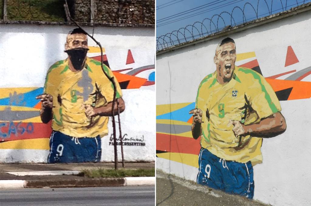 Grafite em Congonhas é pichado e transforma Ronaldo em black bloc
