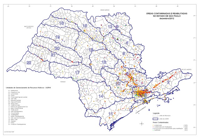 Os pontos vermelhos e laranjas mostram as áreas contaminadas no Estado. A concentração é maior na Região Metropolitana de São Paulo Os pontos vermelhos e laranjas mostram as áreas contaminadas no Estado. A concentração é maior na Região Metropolitana de São Paulo