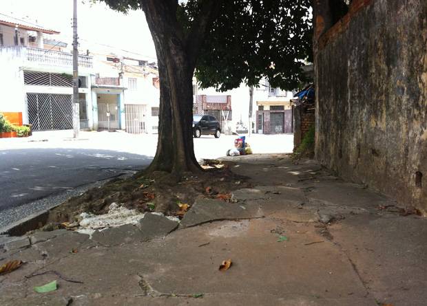 Rua Vergueiro, na altura do n&uacute;mero 5715: raiz de &aacute;rvore levantou e quebrou o piso do passeio