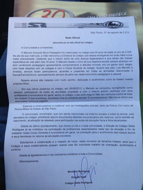 Diretora diz que Marcelo se sentia seguro na escola