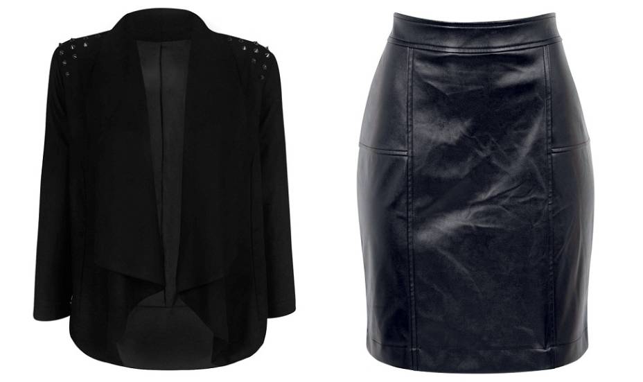 Roqueira. Blazer com tachas, R$ 149,00. Saia de couro sint&eacute;tico, R$ 99,90. Renner, tel.: (11) 2165-2800, www.lojasrenner.com.br.