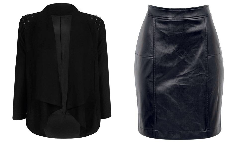 Roqueira. Blazer com tachas, R$ 149,00. Saia de couro sint&eacute;tico, R$ 99,90. Renner, tel.: (11) 2165-2800, www.lojasrenner.com.br.