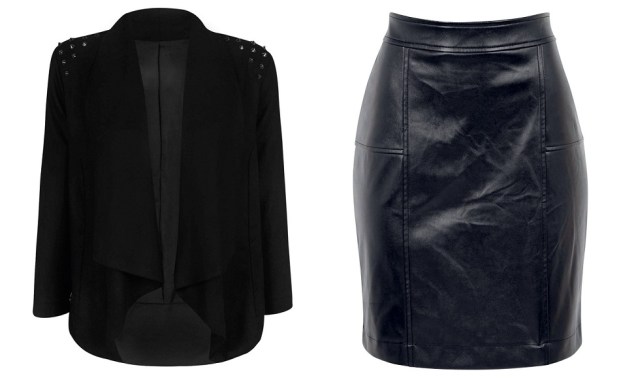 Roqueira. Blazer com tachas, R$ 149,00. Saia de couro sint&eacute;tico, R$ 99,90. Renner, tel.: (11) 2165-2800, www.lojasrenner.com.br.
