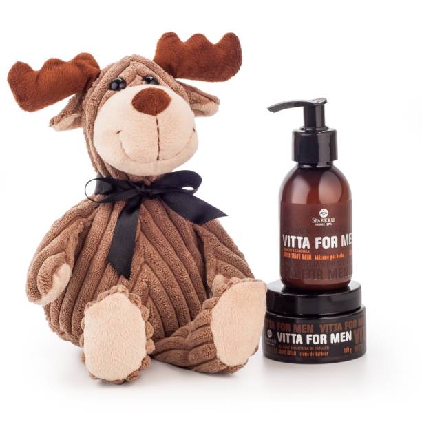 Rena de pel&uacute;cia, um creme de barbear Sparkkli e um b&aacute;lsamo p&oacute;s-barba Sparkkli, R$ 146,00, da Found It!, <em>inf:</em> www.founit.com.br