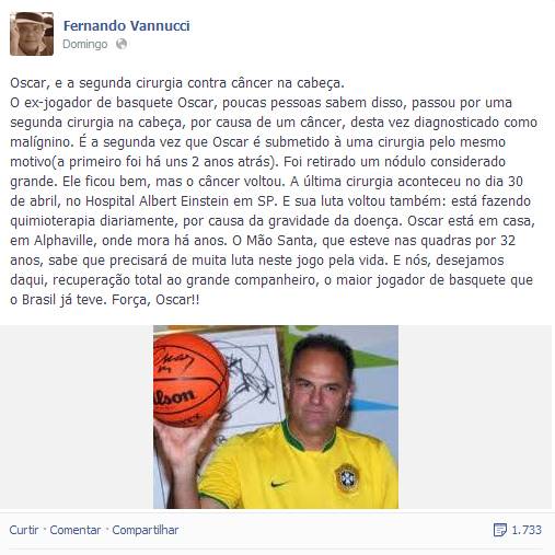 Esposa nega gravidade de tumor de Oscar Schmidt