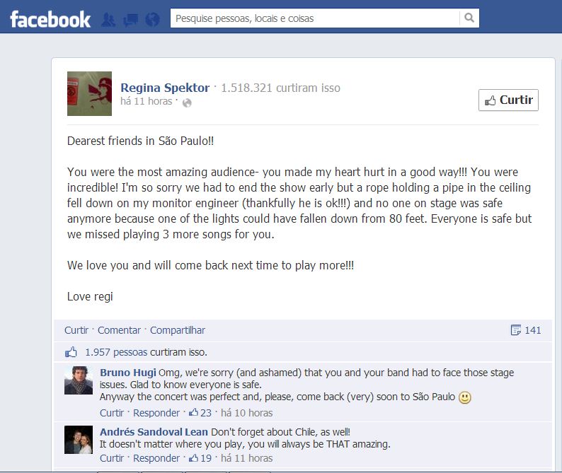 Regina Spektor fala sobre show no Facebook