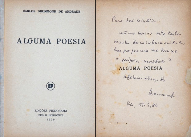 Dedicat&oacute;ria de Carlos Drummond Andrade de seu livro Alguma Poesia (1930)