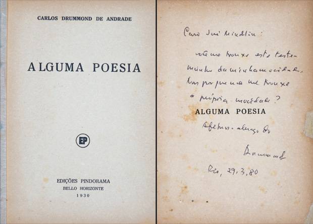 Dedicat&oacute;ria de Carlos Drummond Andrade de seu livro Alguma Poesia (1930)