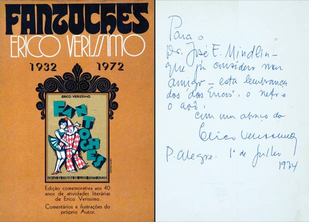 Dedicat&oacute;ria de 1974 do escritor &Eacute;rico Ver&iacute;ssimo em exemplar de Fantoches