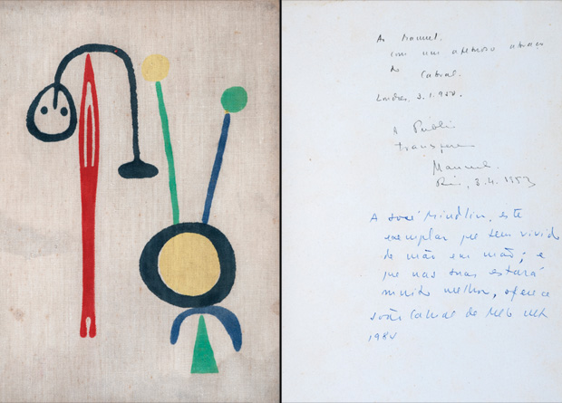 "Jos&eacute; Mindlin, este exemplar que tem vivido de m&atilde;o em m&atilde;o; e que nas tuas estar&aacute; muito melhor", escreveu Jo&atilde;o Cabral de Melo Neto no presente ao empres&aacute;rio cuja capa leva serigrafia de Mir&oacute;