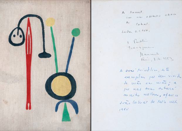 "Jos&eacute; Mindlin, este exemplar que tem vivido de m&atilde;o em m&atilde;o; e que nas tuas estar&aacute; muito melhor", escreveu Jo&atilde;o Cabral de Melo Neto no presente ao empres&aacute;rio cuja capa leva serigrafia de Mir&oacute;