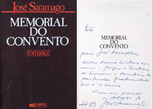 Dedicat&oacute;ria de Jos&eacute; Saramago datada de 1983, em exemplar de Memorial do Convento