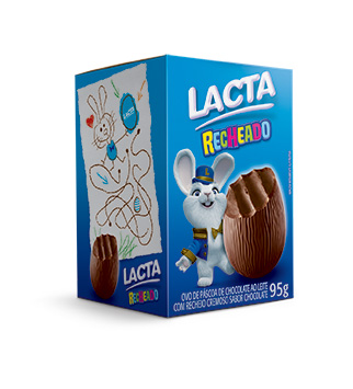Ovo recheado, da Lacta. Pre&ccedil;o sugerido de venda: R$ $8,99 (95g). Mini oivo de chocolate ao leite da marca em vers&atilde;o totalmente recheada sabor chocolate.
