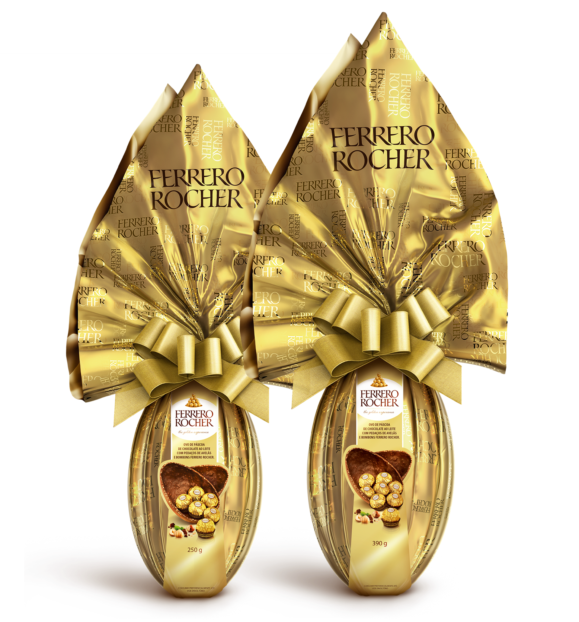 Ovo de p&aacute;scoa Ferrero Rocher. Pre&ccedil;o sugerido de venda: R$ 62,90 (390g). Ovo de chocolate ao leite com peda&ccedil;os de avel&atilde;s e recheado com bombons Ferrero Rocher