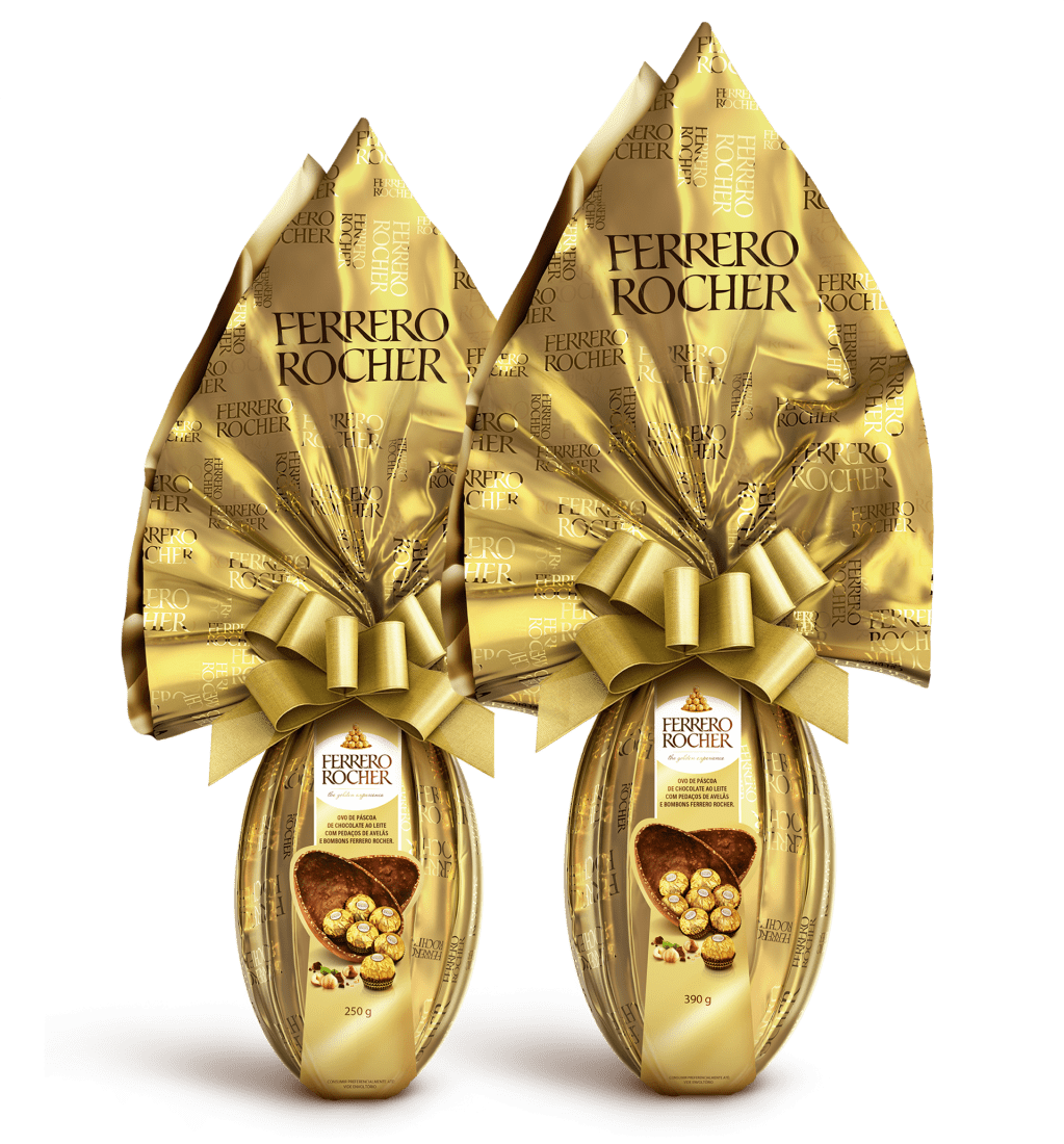 Ovo de p&aacute;scoa Ferrero Rocher. Pre&ccedil;o sugerido de venda: R$ 62,90 (390g). Ovo de chocolate ao leite com peda&ccedil;os de avel&atilde;s e recheado com bombons Ferrero Rocher