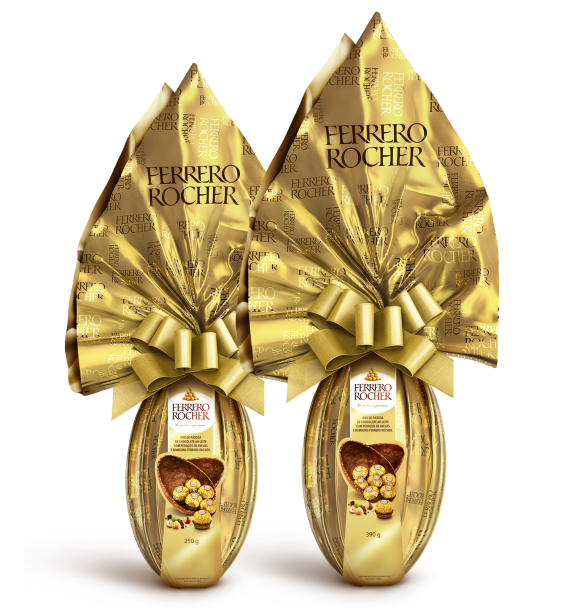 Ovo de p&aacute;scoa Ferrero Rocher. Pre&ccedil;o sugerido de venda: R$ 62,90 (390g). Ovo de chocolate ao leite com peda&ccedil;os de avel&atilde;s e recheado com bombons Ferrero Rocher
