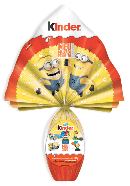 Ovo de p&aacute;scoa Meu Malvado Favorito, da Kinder. Pre&ccedil;o sugerido de venda: R$ 29,90&nbsp;(100g). Dentro do ovo de chocolate ao leite, miniaturas dos Minions.
