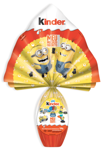 Ovo de páscoa Meu Malvado Favorito, da Kinder. Preço sugerido de venda: R$ 29,90 (100g). Dentro do ovo de chocolate ao leite, miniaturas dos Minions.