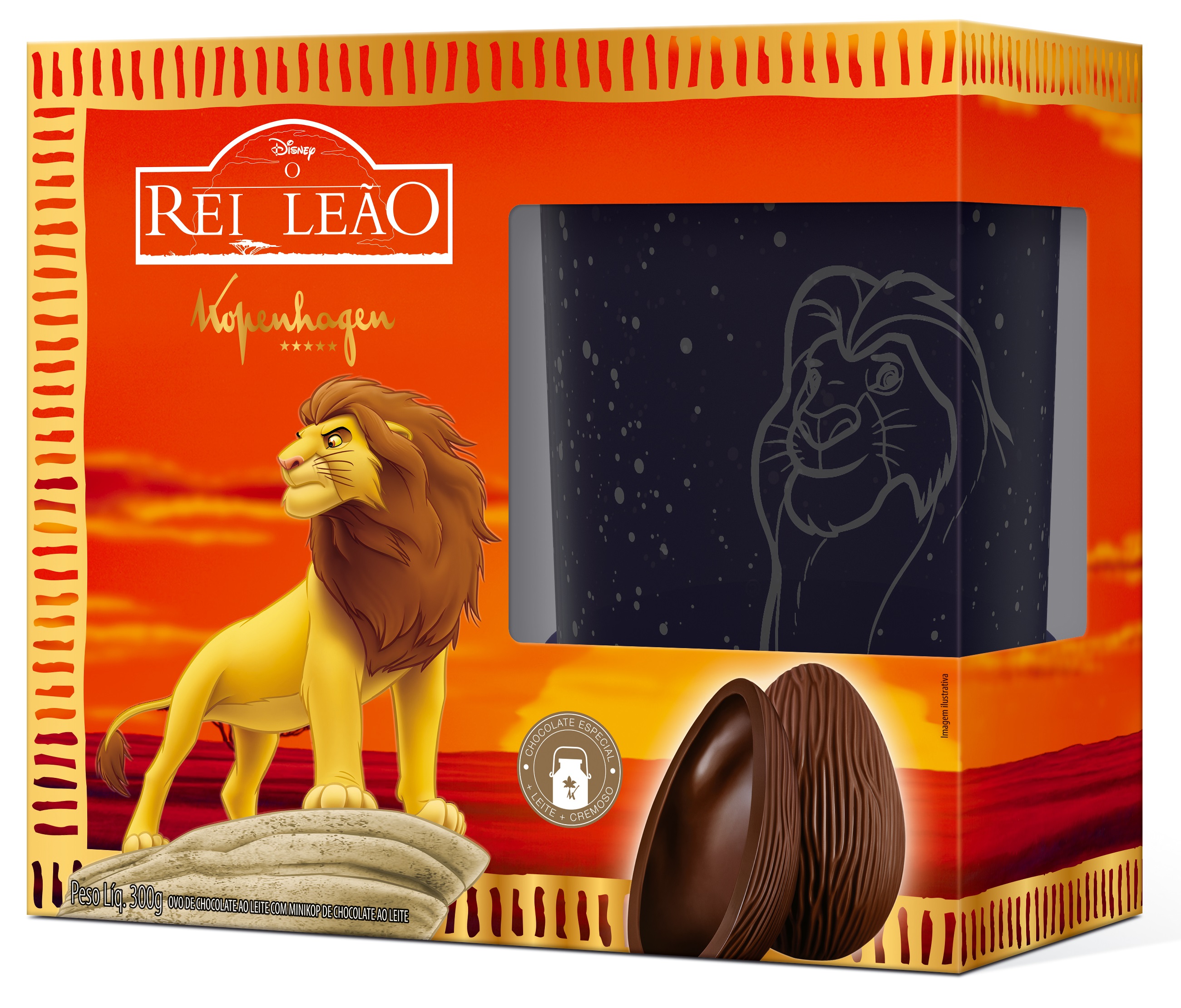 Ovo de p&aacute;scoa Rei Le&atilde;o, da Kopenhagen. Pre&ccedil;o sugerido de venda: R$ 87,00. Ovo de chocolate mais leite. Acompanha miniovinhos de chocolate mais leite e, como brinde, uma lumin&aacute;ria que reflete a imagem do Simba na parede.