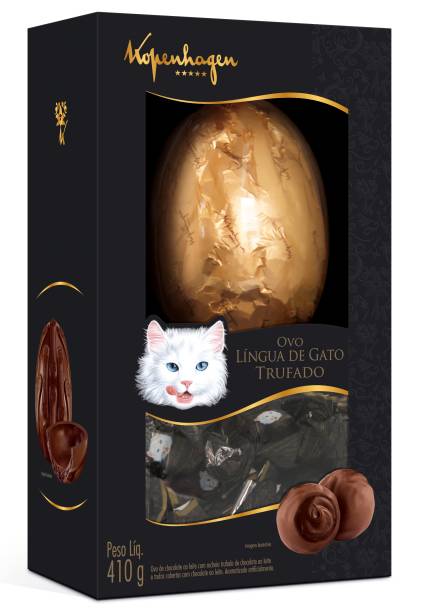 Ovo de páscoa Lingua de Gato, da Kopenhagen. Preço sugerido de venda: R$ 92,90. O clássico chocolate ao leite famoso do marca em versão mais cremosa. Na casca, recheio trufado no sabor língua de gato. Acompanha minitrufas.