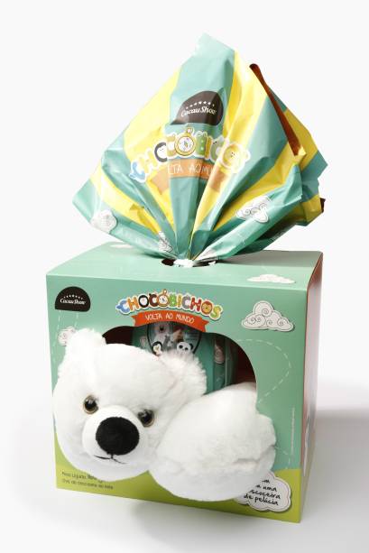 	Ovo de p&aacute;scoa Chocobichos, da Cacau Show. Pre&ccedil;o sugerido de venda: R$ 36,90 (160g). O chocolate &eacute; ao leite e o brinquedo &eacute; uma pescoceira de pel&uacute;cia com v&aacute;rios bichinhos.