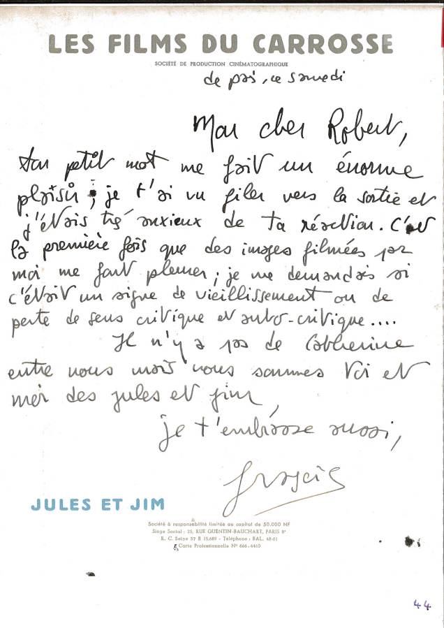 Carta de Truffaut ao crítico francês Robert Lachenay Carta de Truffaut ao crítico francês Robert Lachenay