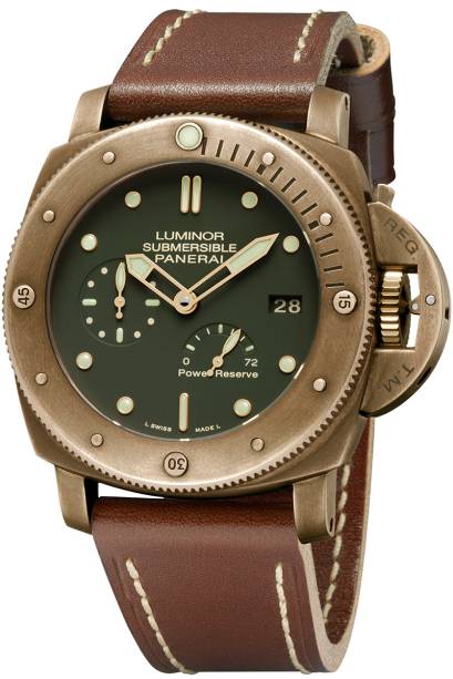 Frente do Luminor Submersible 1950 Automatic Bronzo (R$ 41 600,00): a Panerai foi a pioneira no uso do metal sujeito à oxidação Frente do Luminor Submersible 1950 Automatic Bronzo (R$ 41 600,00): a Panerai foi a pioneira no uso do metal sujeito à oxidação