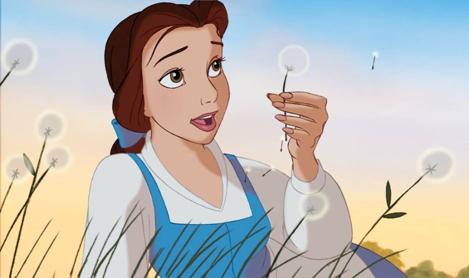 Desenho animado de 1991: feita prisioneira no castela da Fera, a jovem Bela esbanja charme e simpatia Desenho animado de 1991: feita prisioneira no castela da Fera, a jovem Bela esbanja charme e simpatia