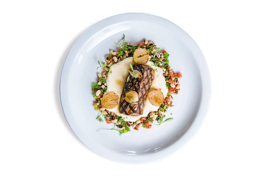 Carne de sol com pirão de leite: filé-mignon grelhado e assentado sobre pirão de leite cercado por vinagrete de feijão fradinho Carne de sol com pirão de leite: filé-mignon grelhado e assentado sobre pirão de leite cercado por vinagrete de feijão fradinho