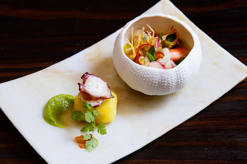 Ceviche de frutos do mar e causa de polvo e mandioquinha Ceviche de frutos do mar e causa de polvo e mandioquinha