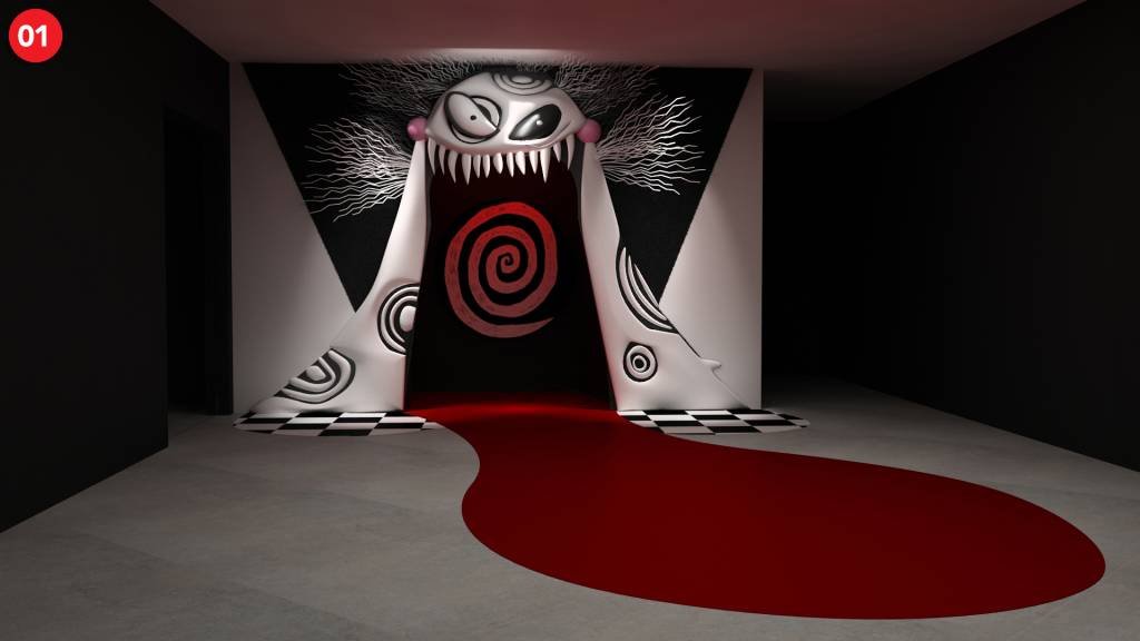Entrada da exposição: visitantes são engolidos e levados a uma imersão na criatividade de Tim Burton Entrada da exposição: visitantes são engolidos e levados a uma imersão na criatividade de Tim Burton