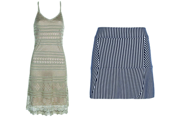 Vestido bege de renda e saia listrada, da Shoulder. Moda feminina. Vestido bege de renda e saia listrada, da Shoulder. Moda feminina.