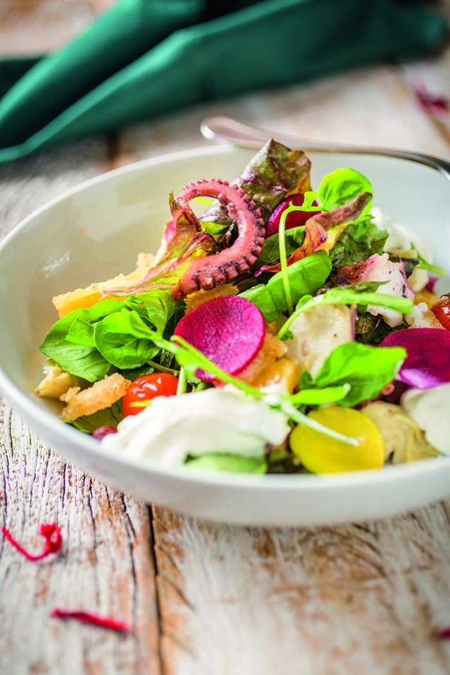 Salada de polvo com tomate, laranja, alcachofra, coalhada ou queijo de cabra e crocante de mochi Salada de polvo com tomate, laranja, alcachofra, coalhada ou queijo de cabra e crocante de mochi